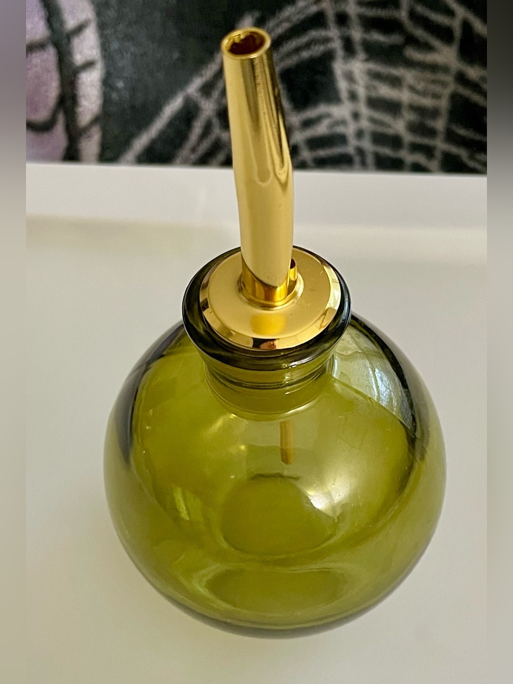 Olive Green Glass Oil Pourer with Gold Spout